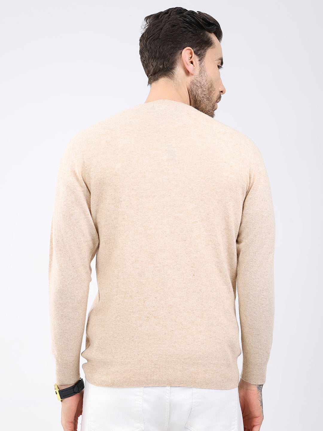Luxuria Men Beige Solid V Neck Full Sleeve Pullover