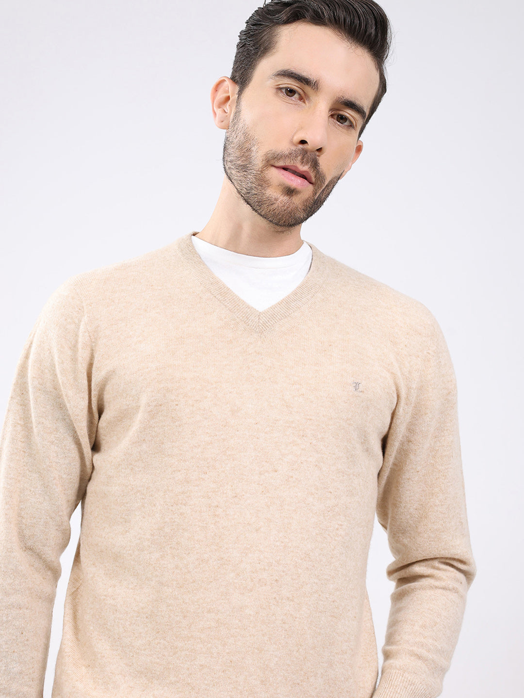 Luxuria Men Beige Solid V Neck Full Sleeve Pullover