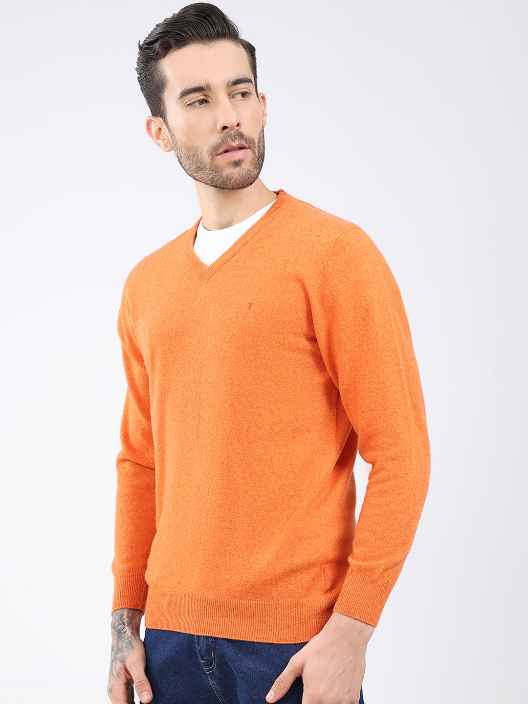 Luxuria Men Orange Solid V Neck Full Sleeve Pullover