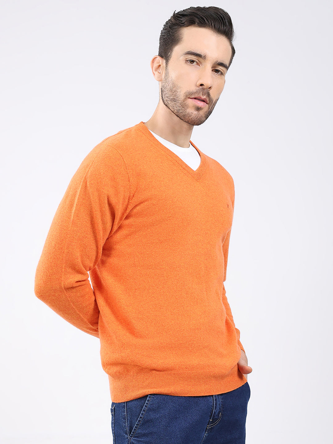 Luxuria Men Orange Solid V Neck Full Sleeve Pullover