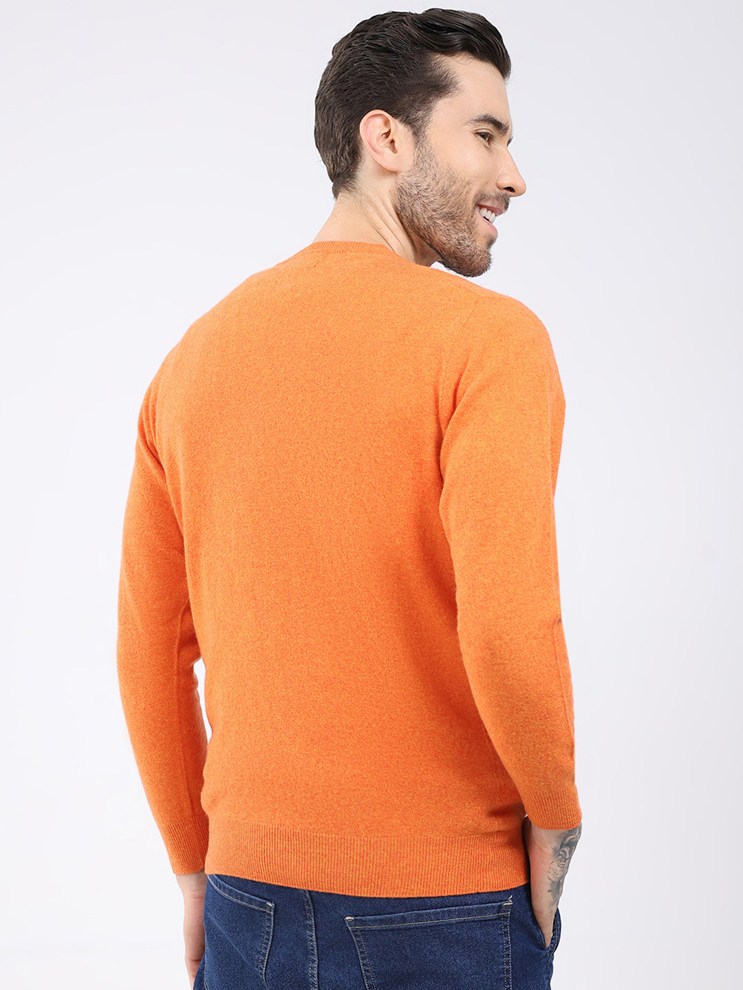 Luxuria Men Orange Solid V Neck Full Sleeve Pullover