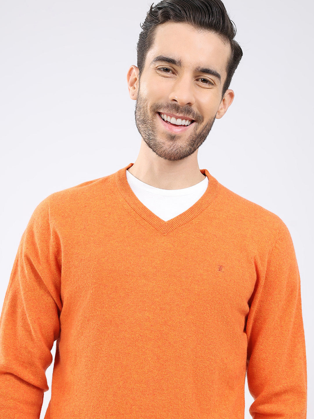Luxuria Men Orange Solid V Neck Full Sleeve Pullover