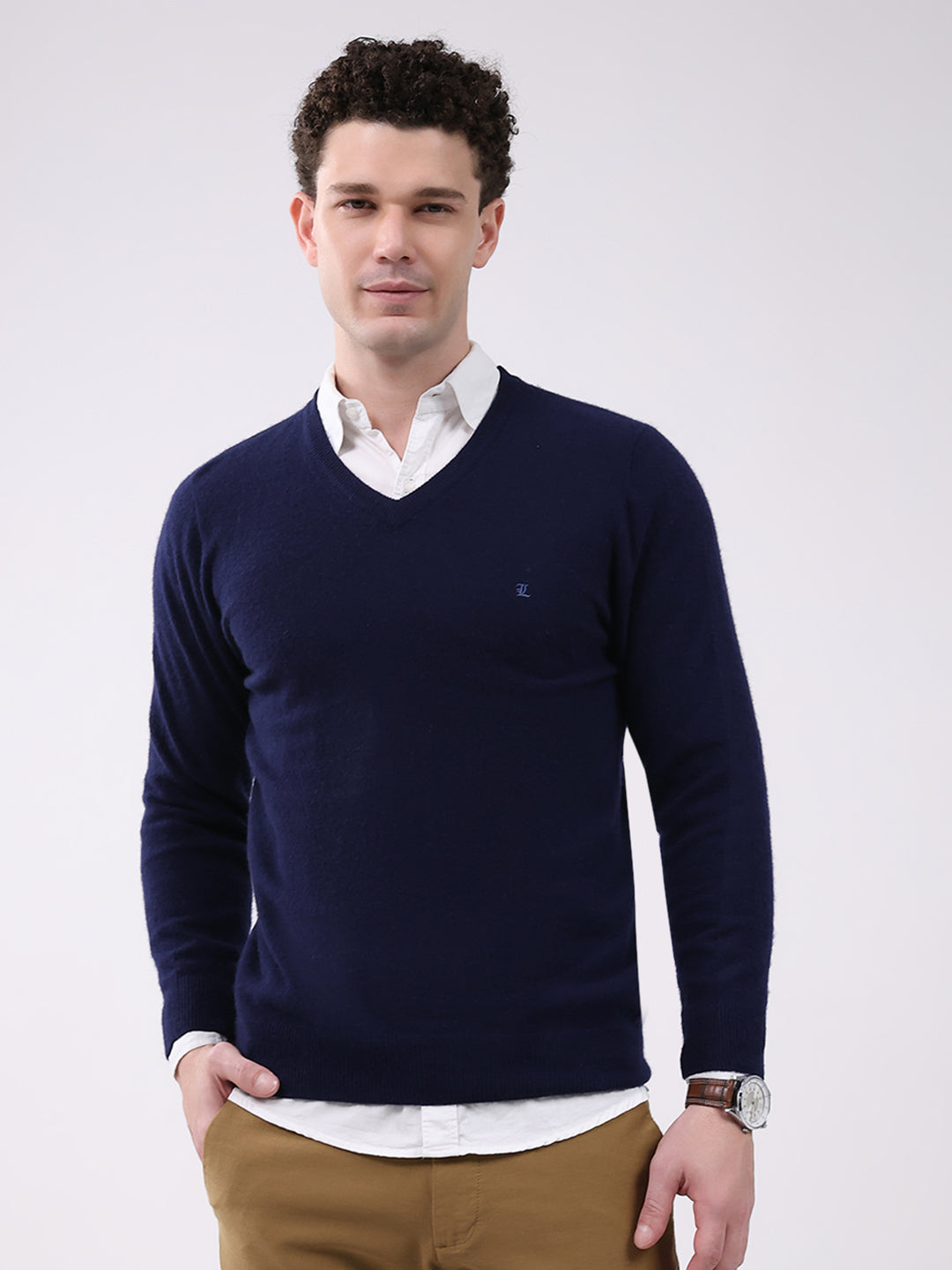 Luxuria Men Navy Blue Solid V Neck Full Sleeve Pullover