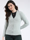 Luxuria Women Grey Solid V Neck Full Sleeve Cardigan