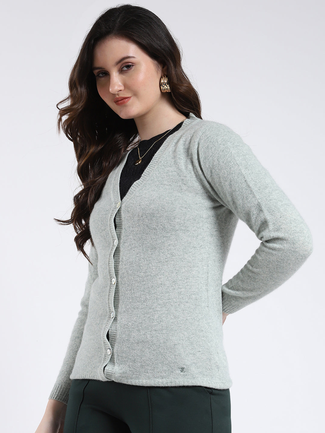 Luxuria Women Grey Solid V Neck Full Sleeve Cardigan