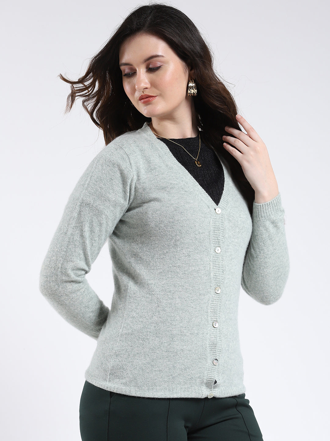 Luxuria Women Grey Solid V Neck Full Sleeve Cardigan
