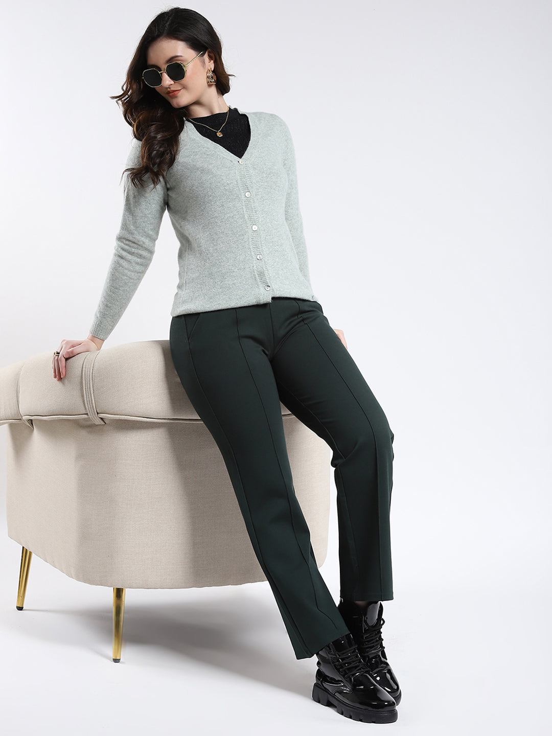 Luxuria Women Grey Solid V Neck Full Sleeve Cardigan