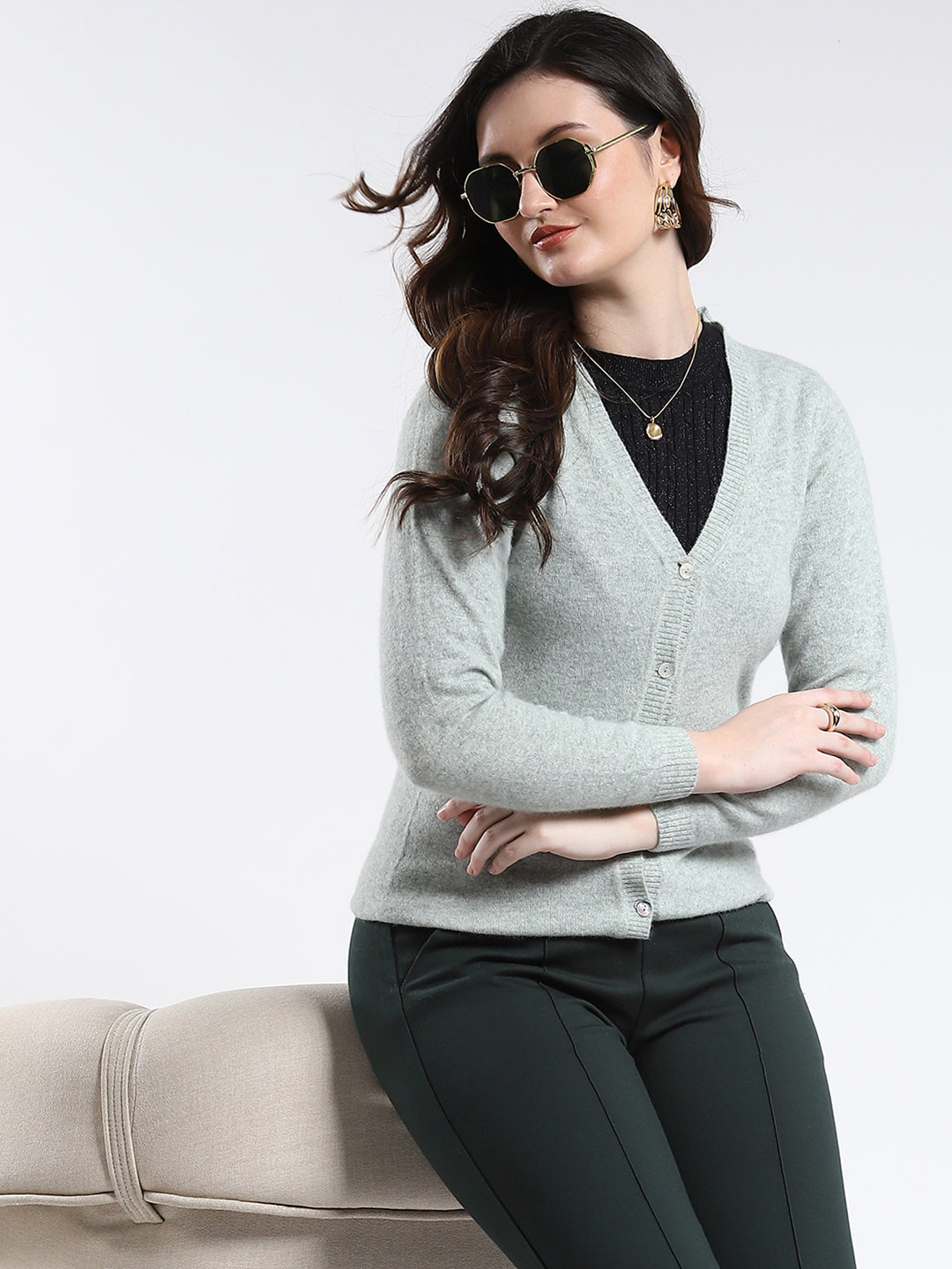 Luxuria Women Grey Solid V Neck Full Sleeve Cardigan