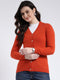 Luxuria Women Orange Solid V Neck Full Sleeve Cardigan