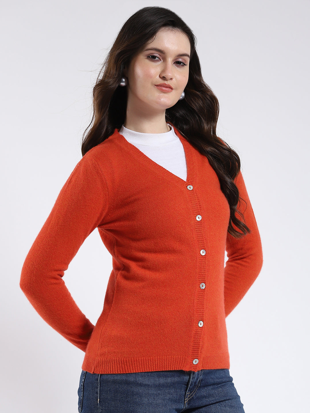 Luxuria Women Orange Solid V Neck Full Sleeve Cardigan