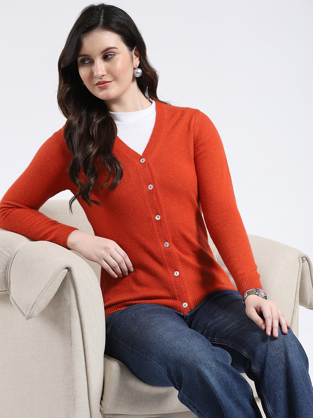 Luxuria Women Orange Solid V Neck Full Sleeve Cardigan