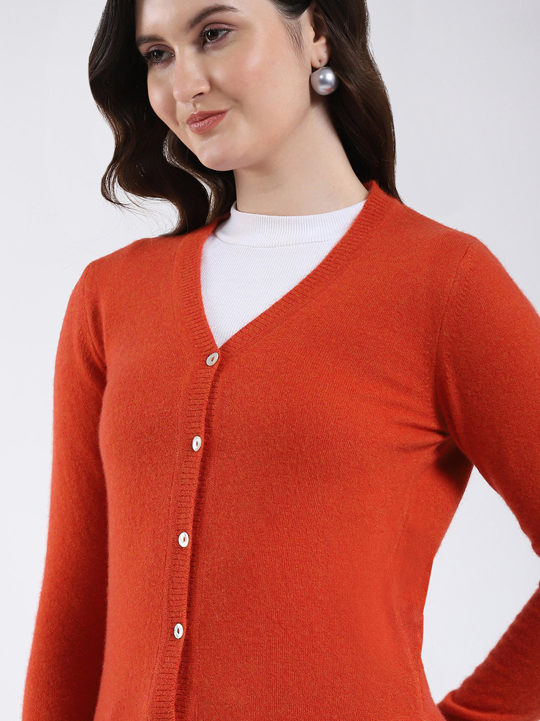 Luxuria Women Orange Solid V Neck Full Sleeve Cardigan