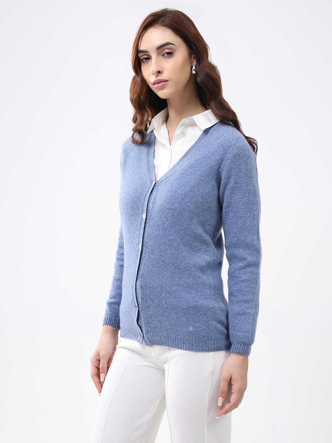 Luxuria Women Blue Solid V Neck Full Sleeve Cardigan