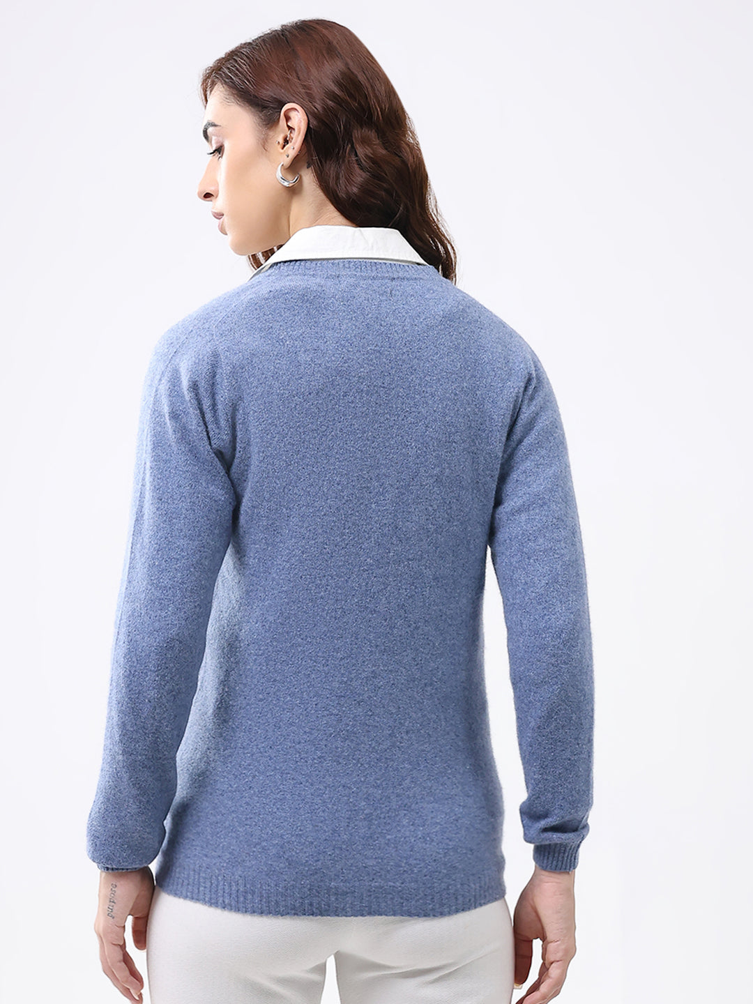 Luxuria Women Blue Solid V Neck Full Sleeve Cardigan