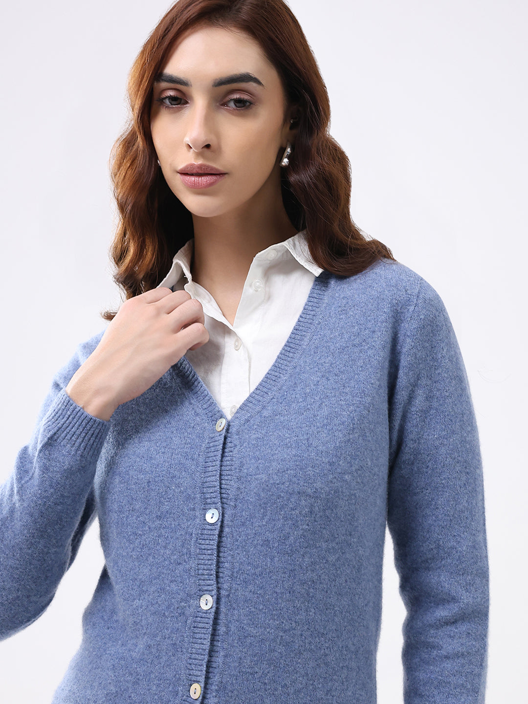 Luxuria Women Blue Solid V Neck Full Sleeve Cardigan