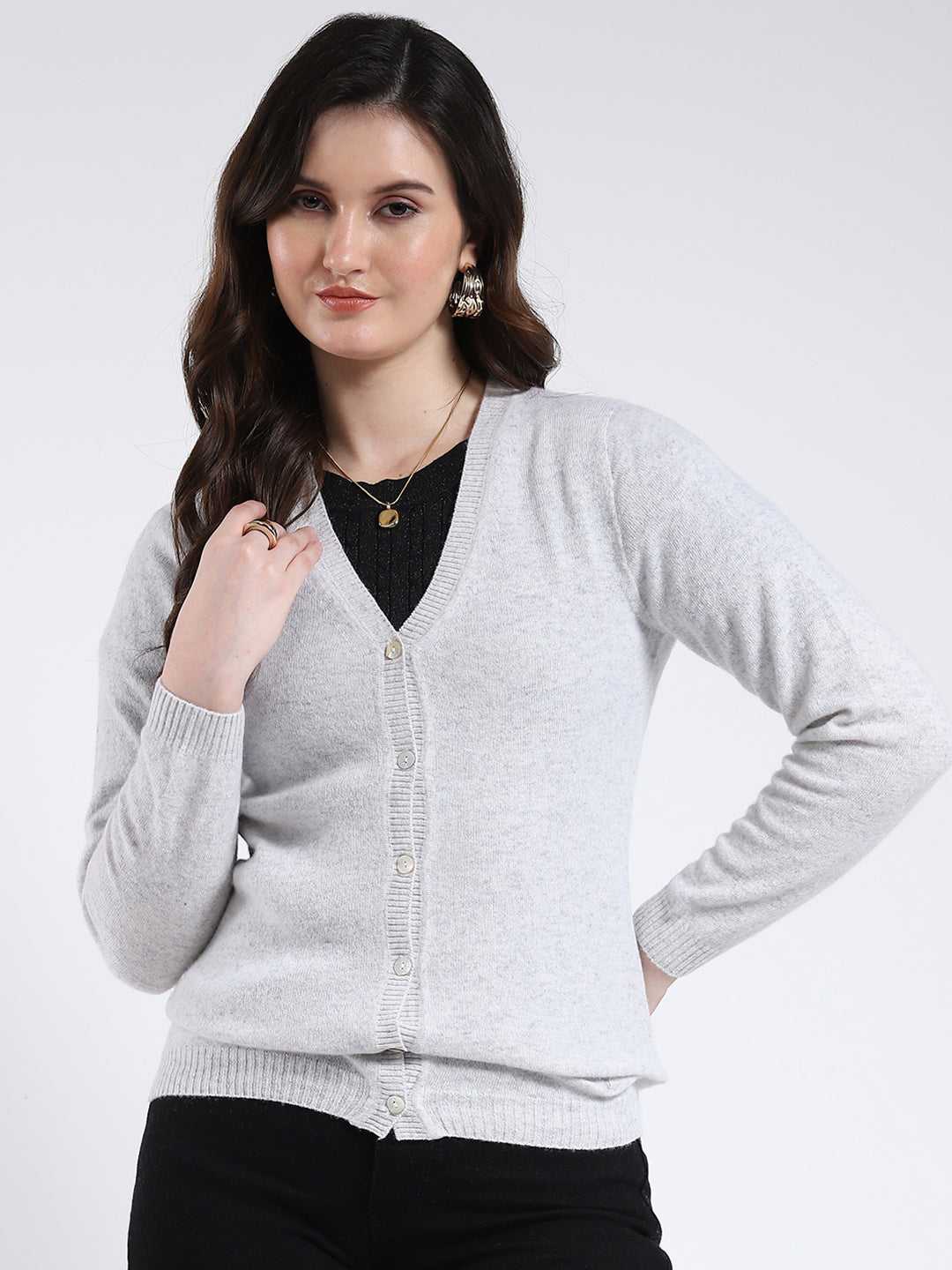 Luxuria Women Light Grey Solid V Neck Full Sleeve Cardigan