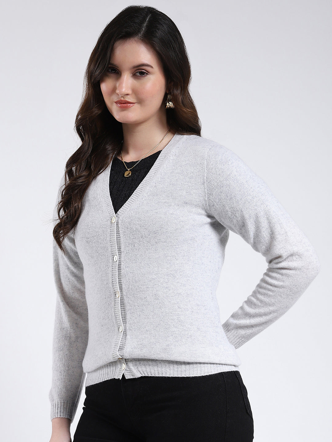 Luxuria Women Light Grey Solid V Neck Full Sleeve Cardigan