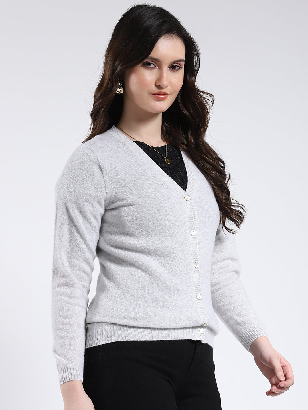 Luxuria Women Light Grey Solid V Neck Full Sleeve Cardigan