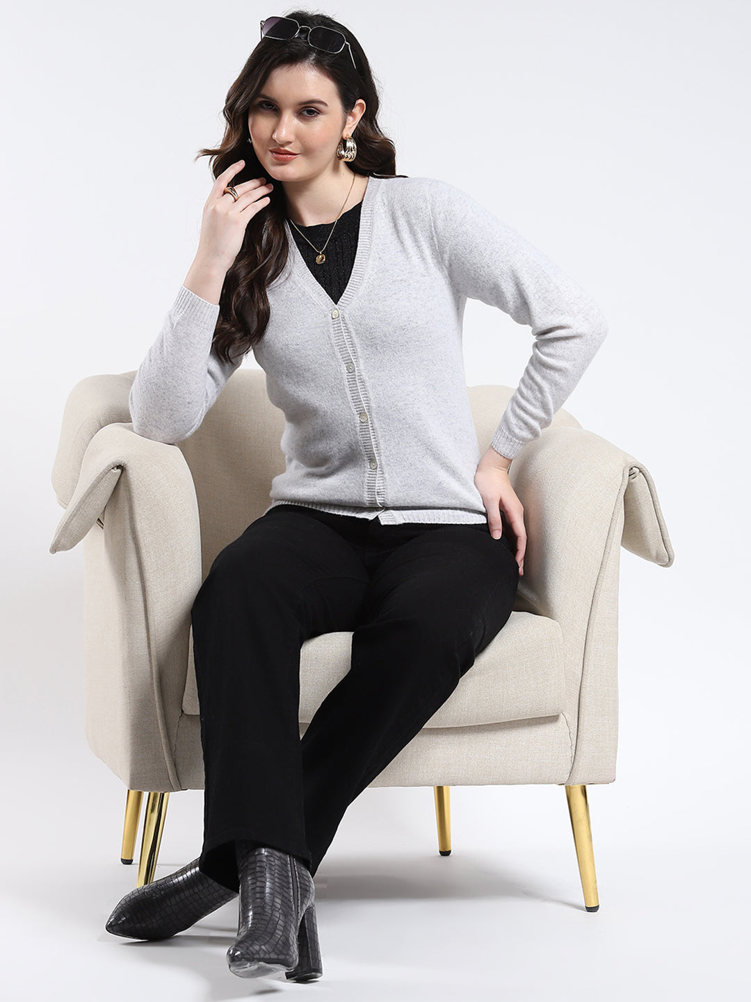 Luxuria Women Light Grey Solid V Neck Full Sleeve Cardigan