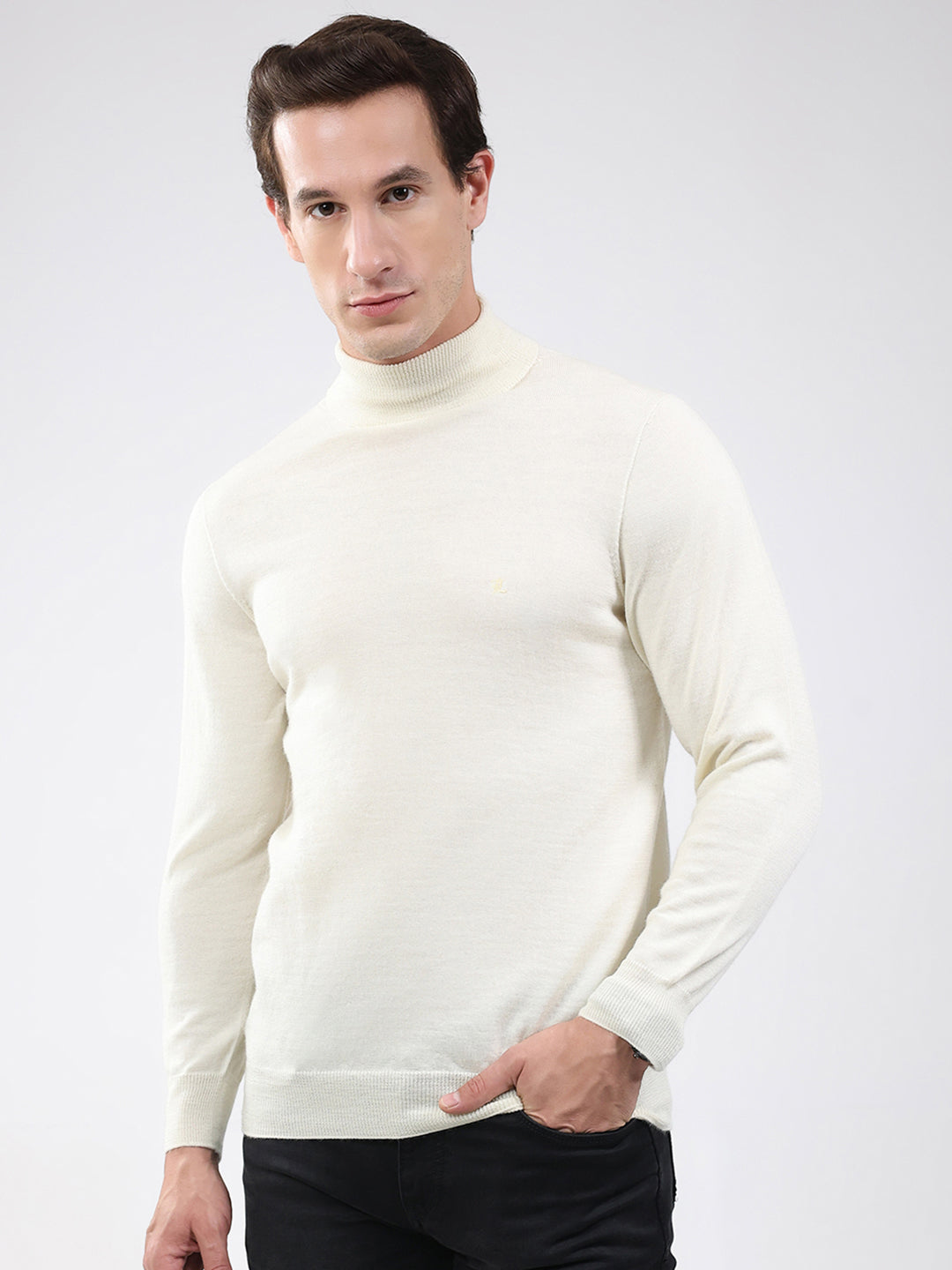 Luxuria Men Off White Solid High Neck Full Sleeve Pullover