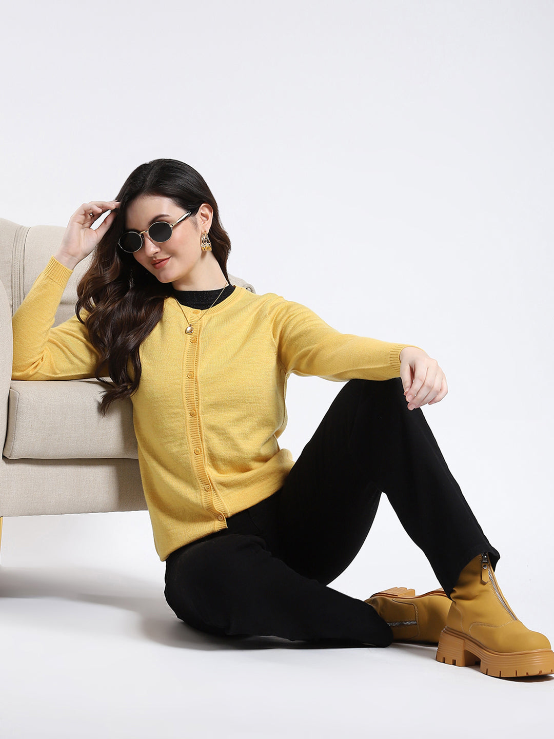 Luxuria Women Yellow Solid Round Neck Full Sleeve Cardigan