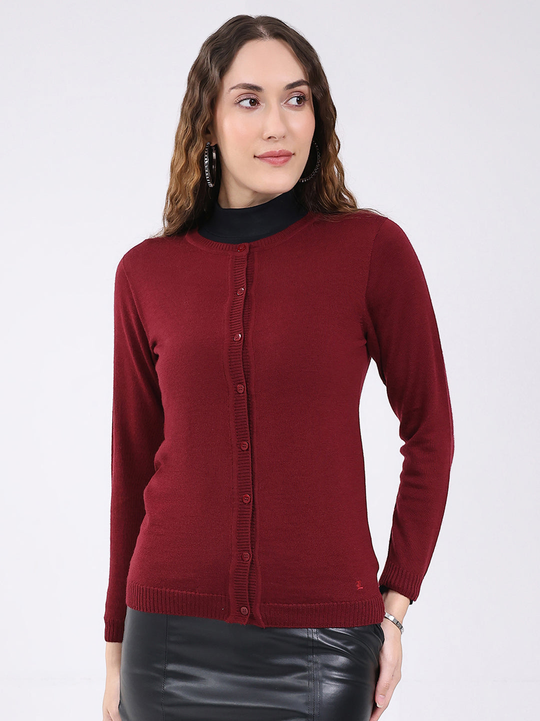 Luxuria Women Maroon Solid Round Neck Full Sleeve Cardigan