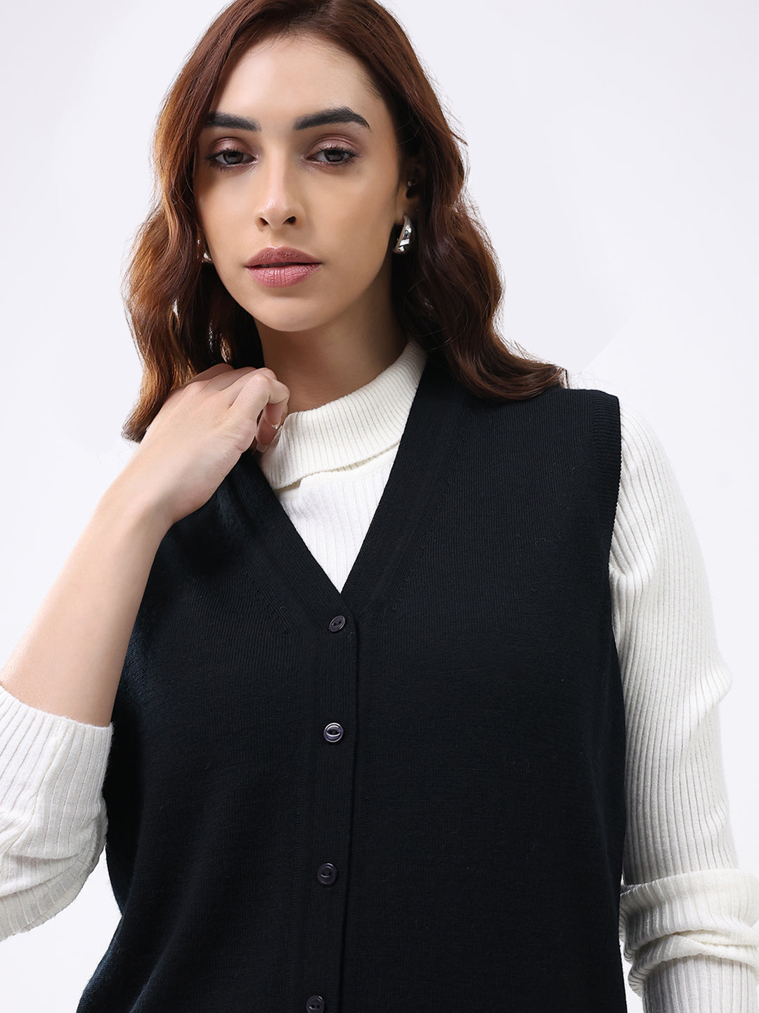 Luxuria Women Black Solid V Neck Sleeveless Cardigan