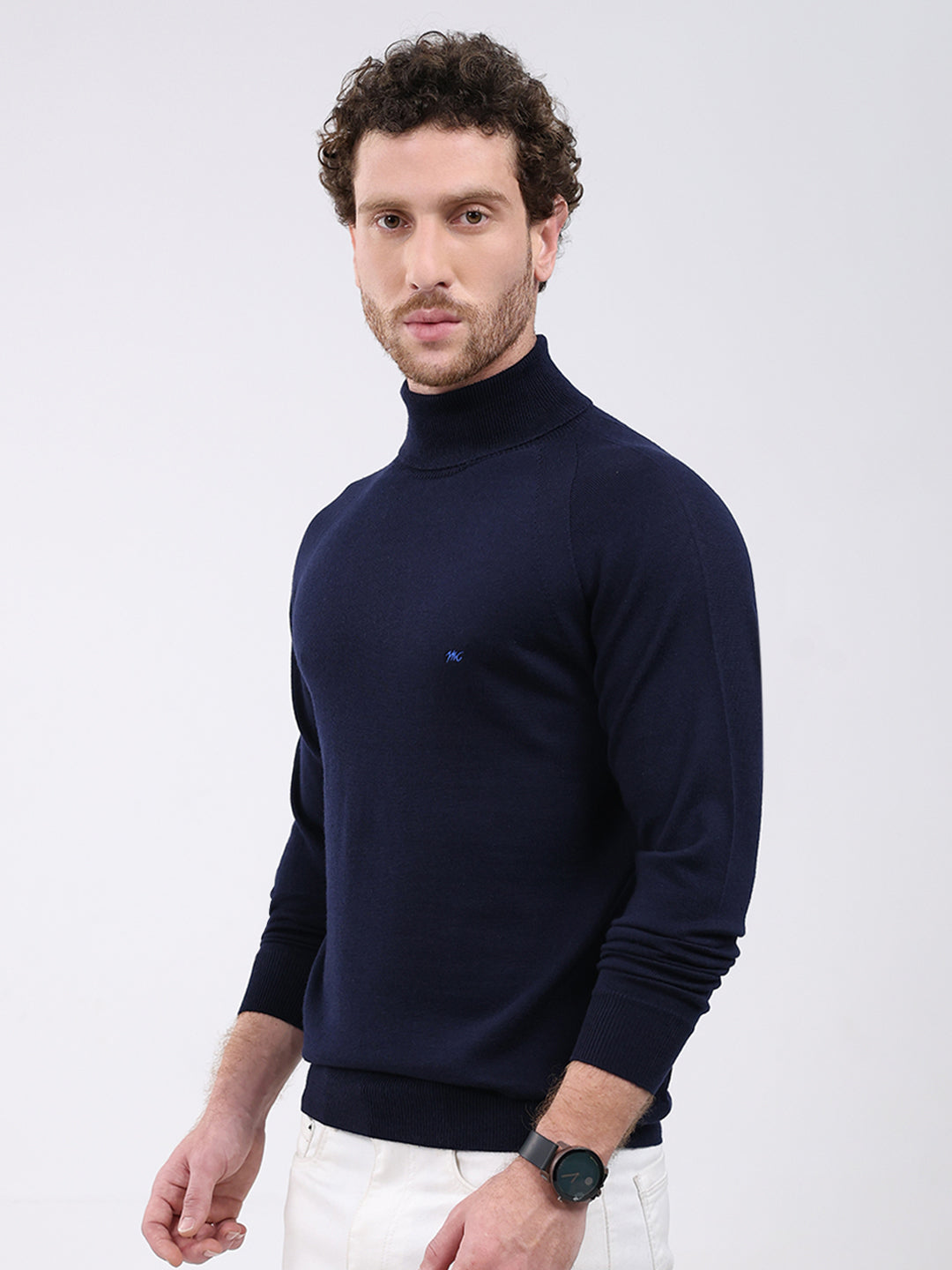 Men Navy Blue Solid Turtle Neck Full Sleeve Pullover