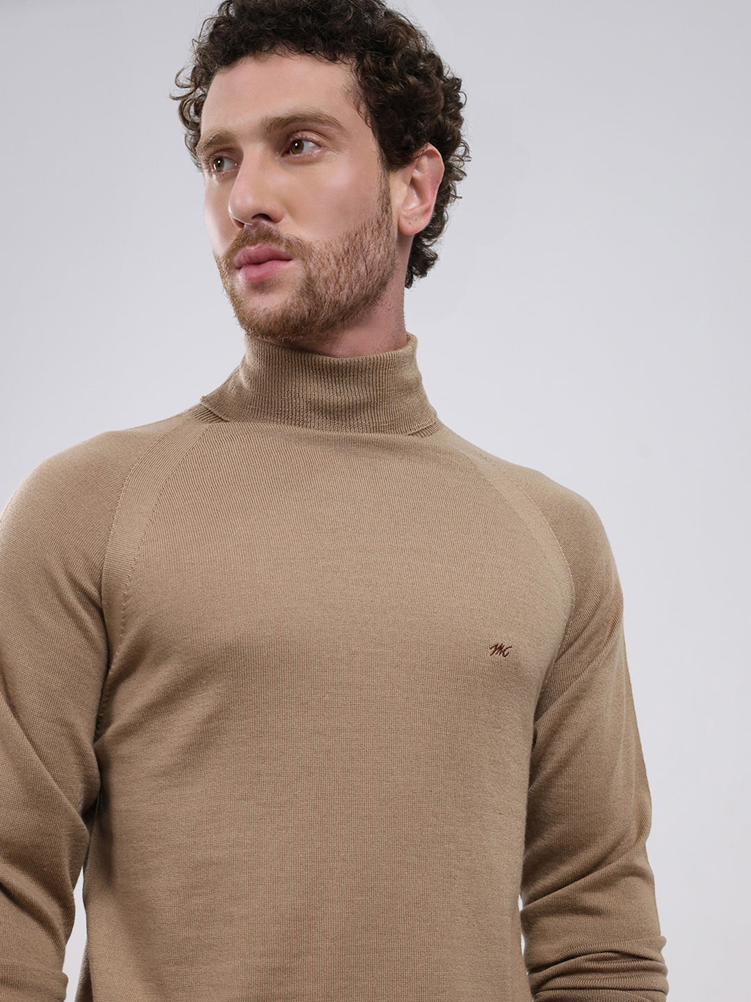 Men Khaki Solid Turtle Neck Full Sleeve Pullover