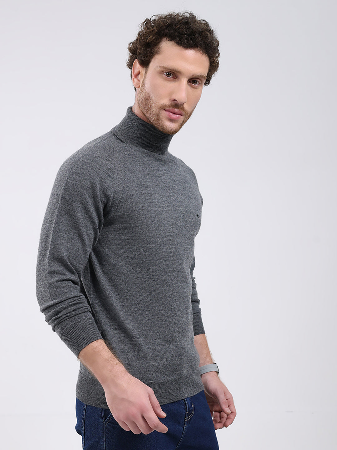 Men Grey Solid Turtle Neck Full Sleeve Pullover