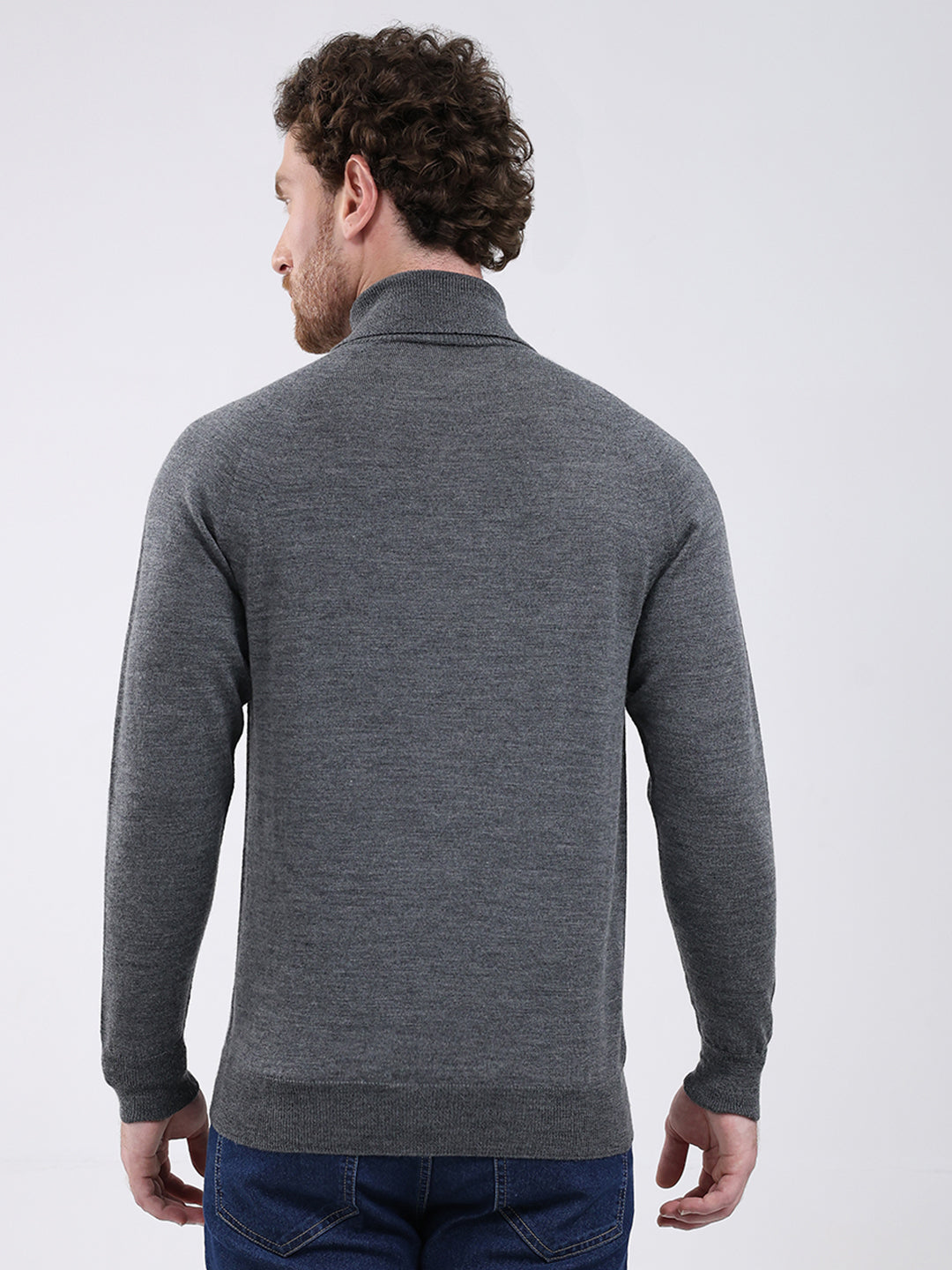 Men Grey Solid Turtle Neck Full Sleeve Pullover