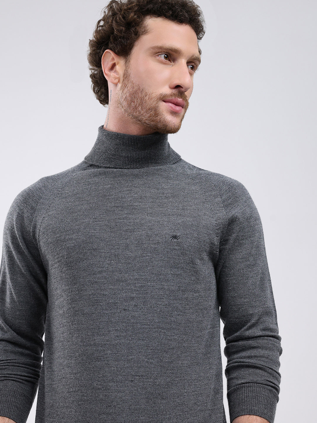 Men Grey Solid Turtle Neck Full Sleeve Pullover
