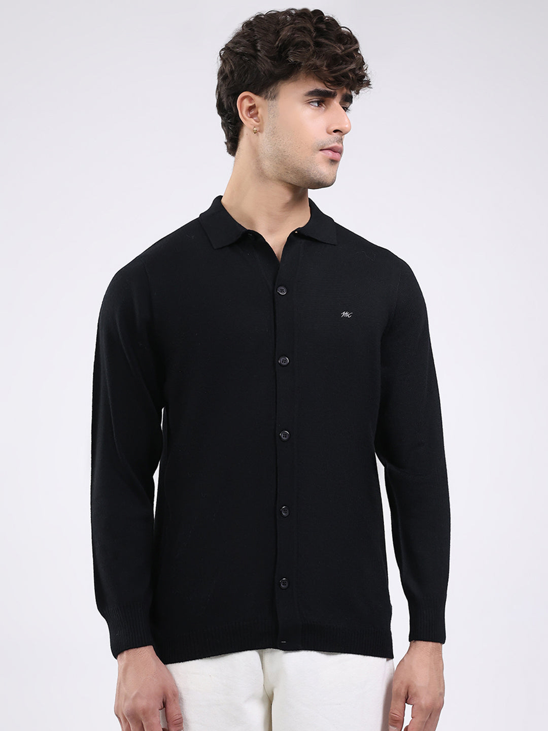 Men Black Solid Collar Full Sleeve Shirt
