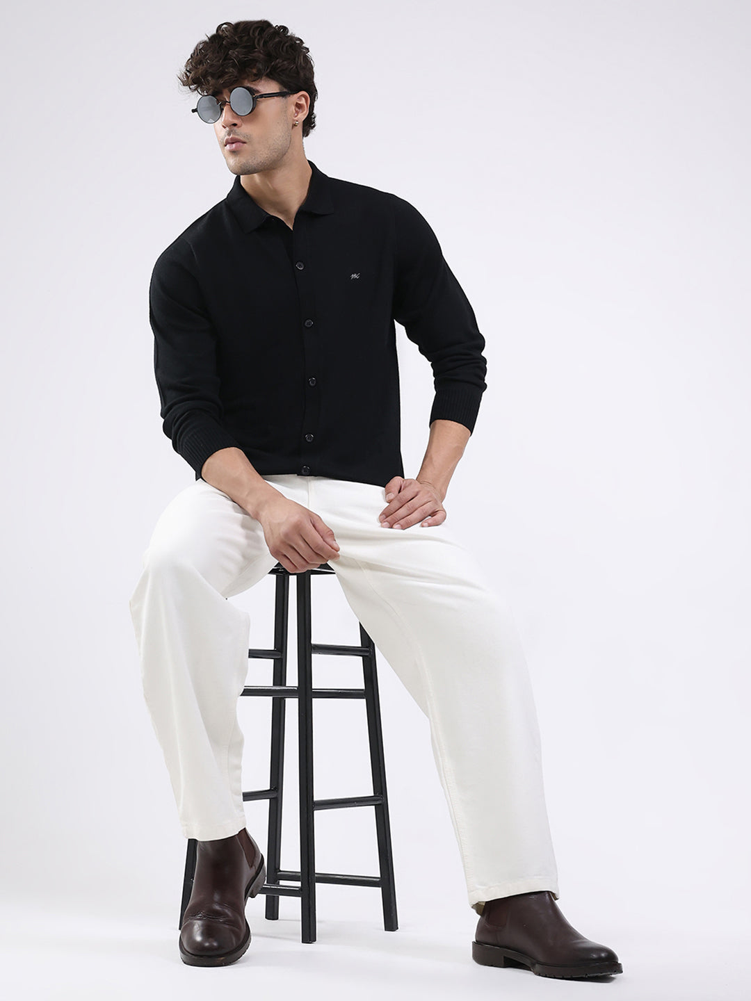 Men Black Solid Collar Full Sleeve Shirt