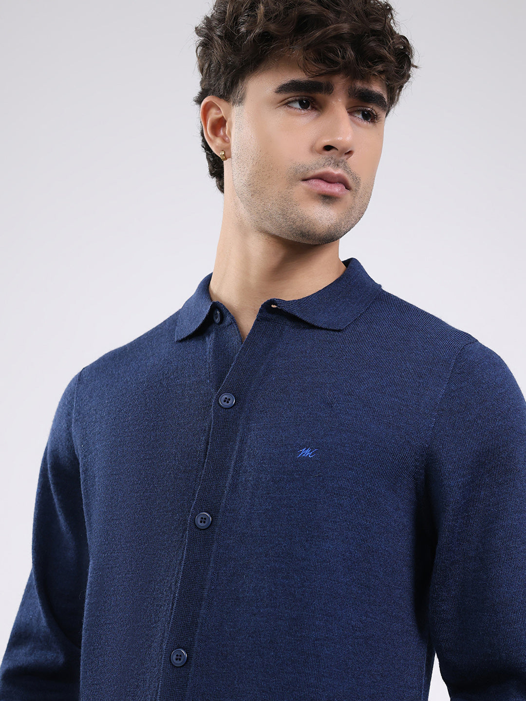 Men Navy Blue Solid Collar Full Sleeve Shirt