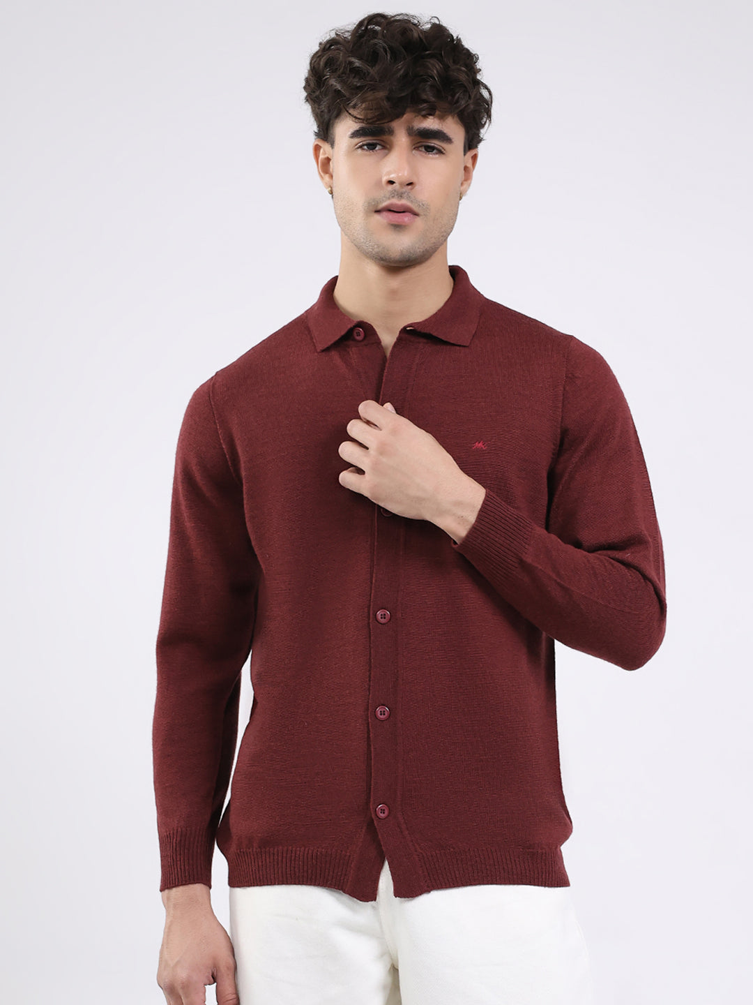 Men Maroon Solid Collar Full Sleeve Shirt