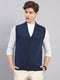 Men Navy Blue Solid V Neck Sleeveless Cardigan