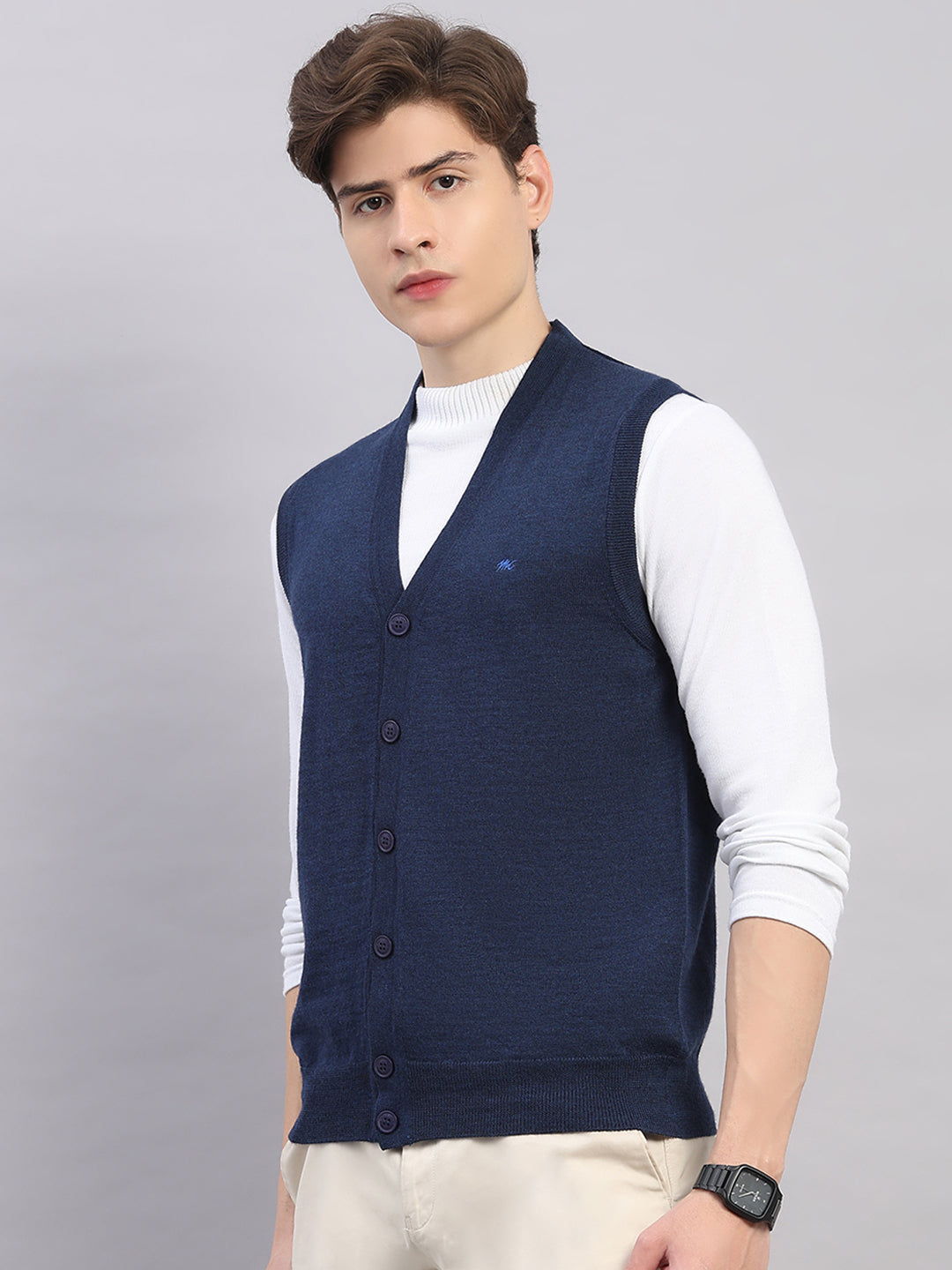 Men Navy Blue Solid V Neck Sleeveless Cardigan