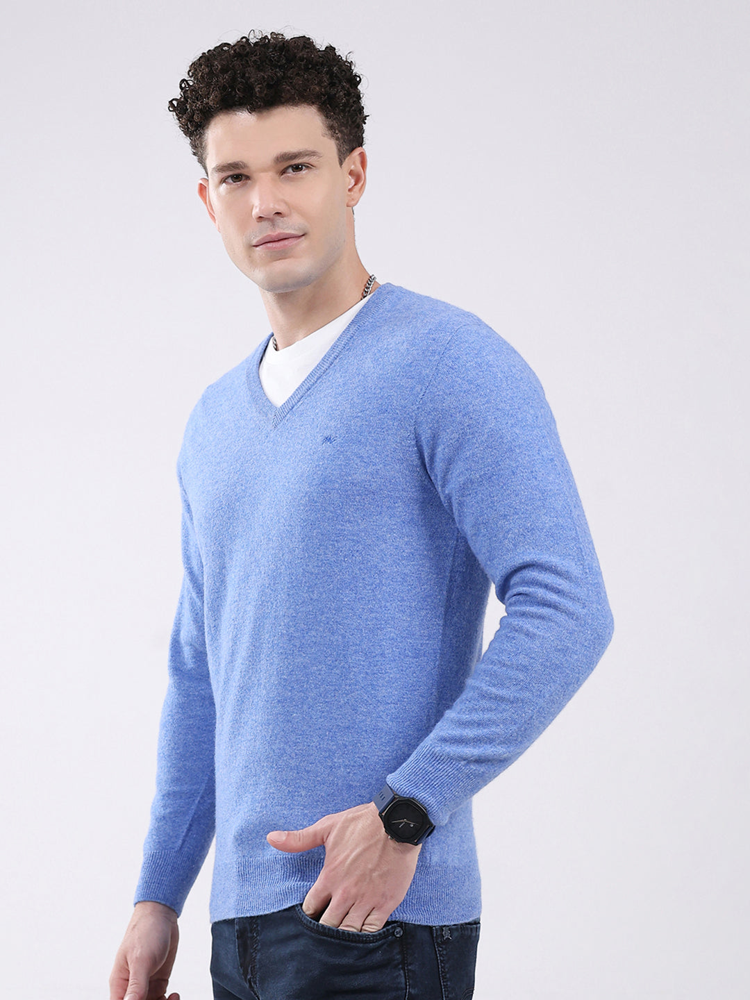 Men Blue Solid V Neck Full Sleeve Pullover