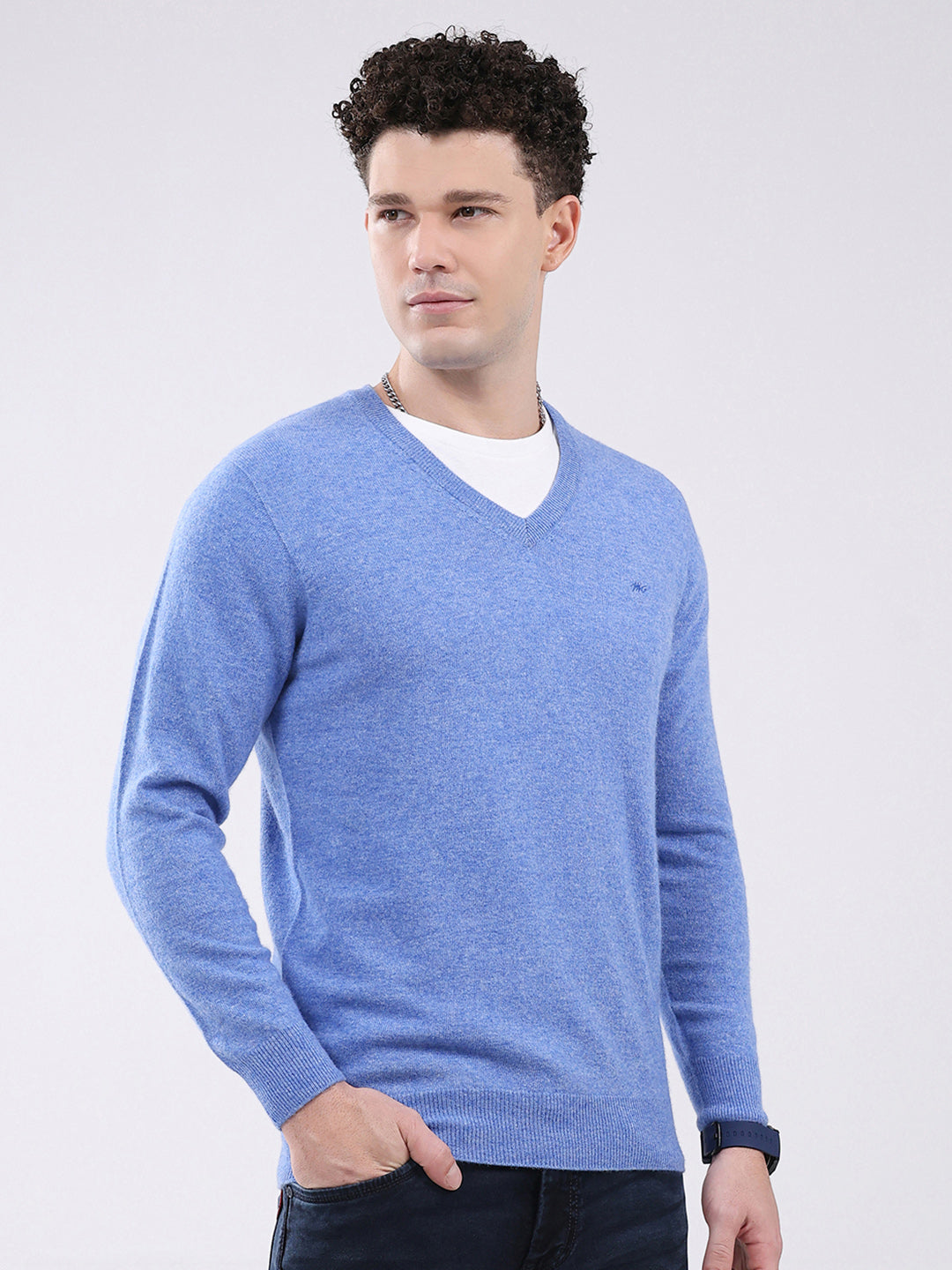 Men Blue Solid V Neck Full Sleeve Pullover