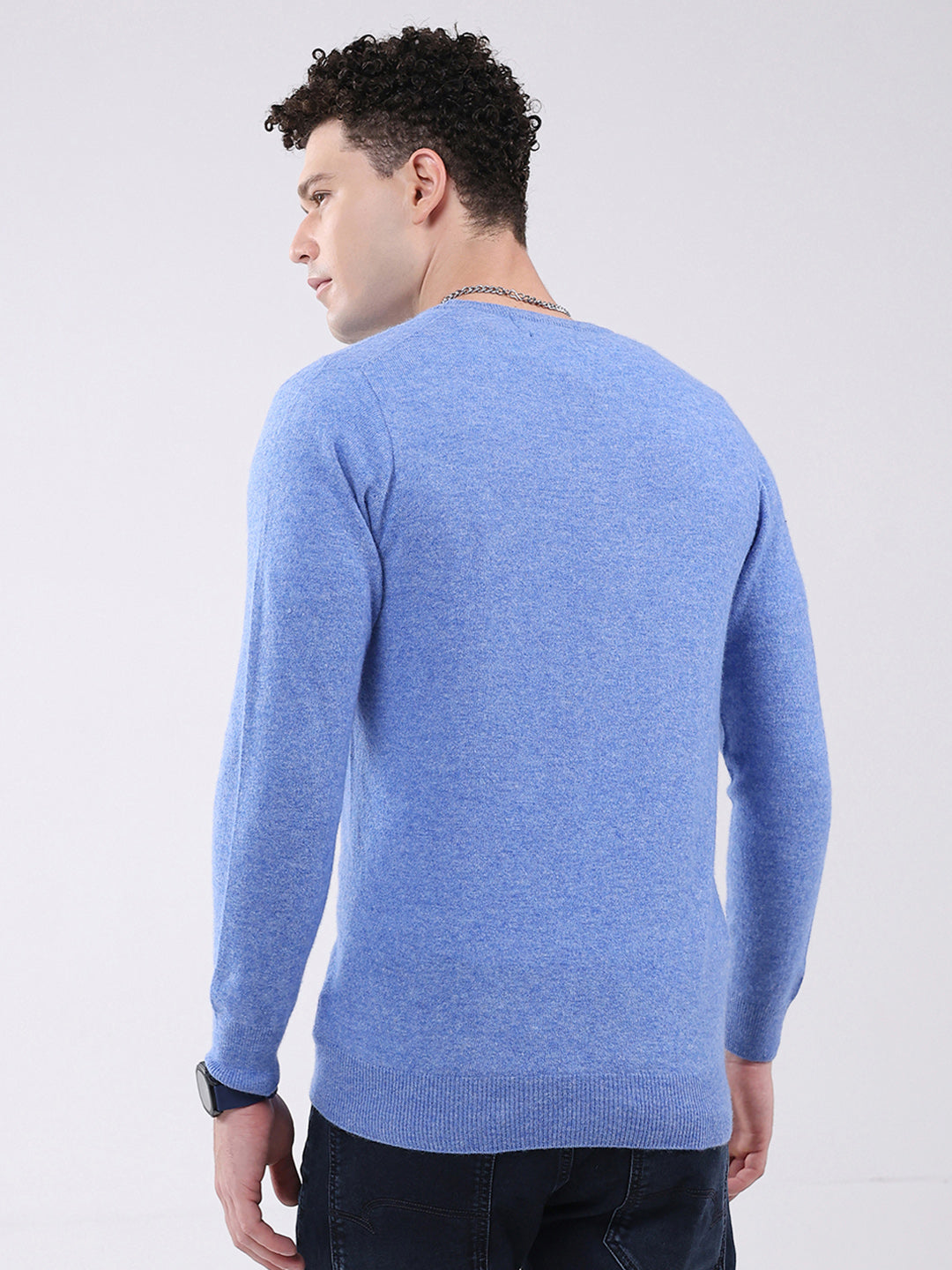 Men Blue Solid V Neck Full Sleeve Pullover