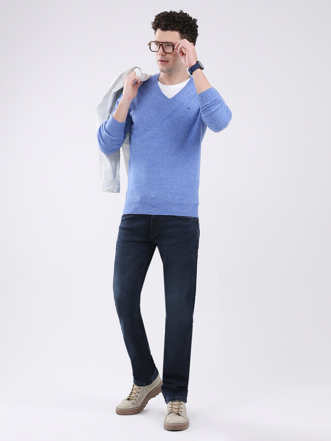 Men Blue Solid V Neck Full Sleeve Pullover