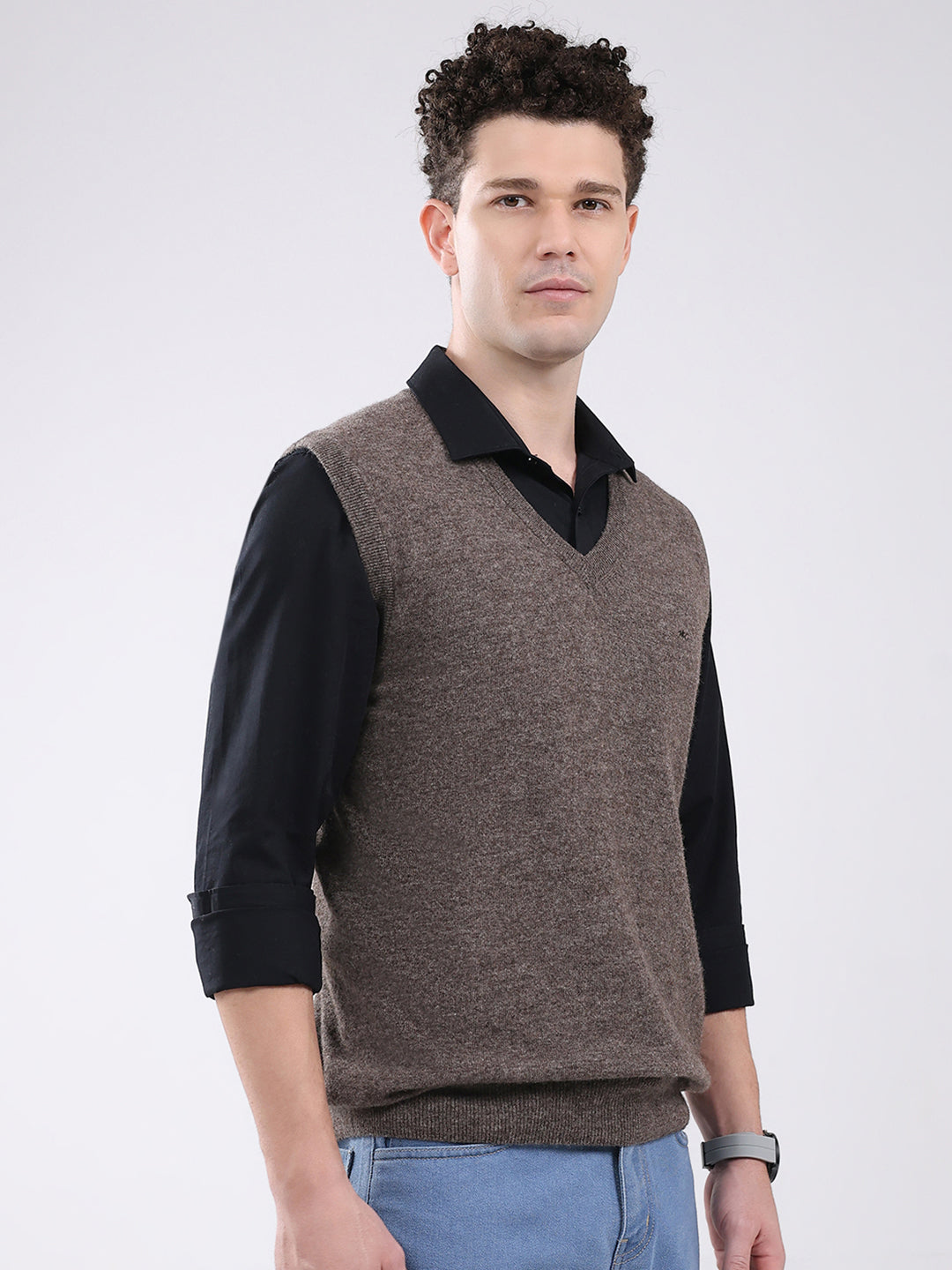 Men Brown Solid V Neck Sleeveless Sweater