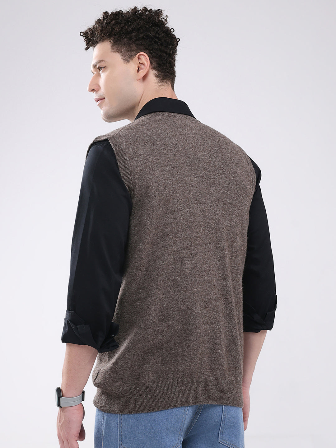 Men Brown Solid V Neck Sleeveless Sweater