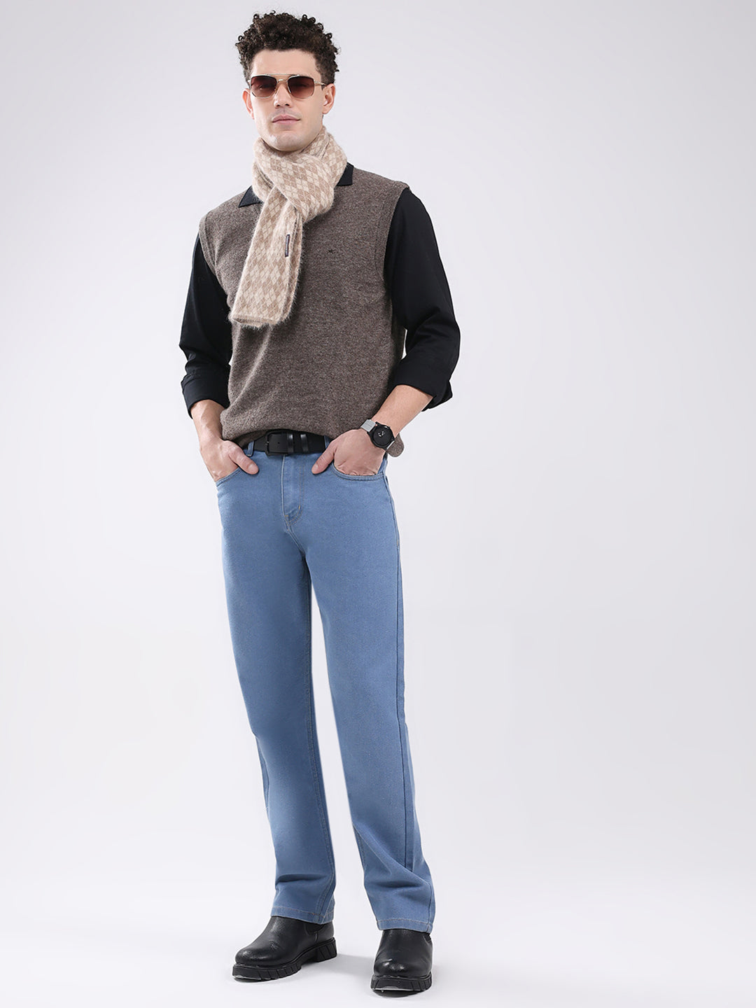 Men Brown Solid V Neck Sleeveless Sweater