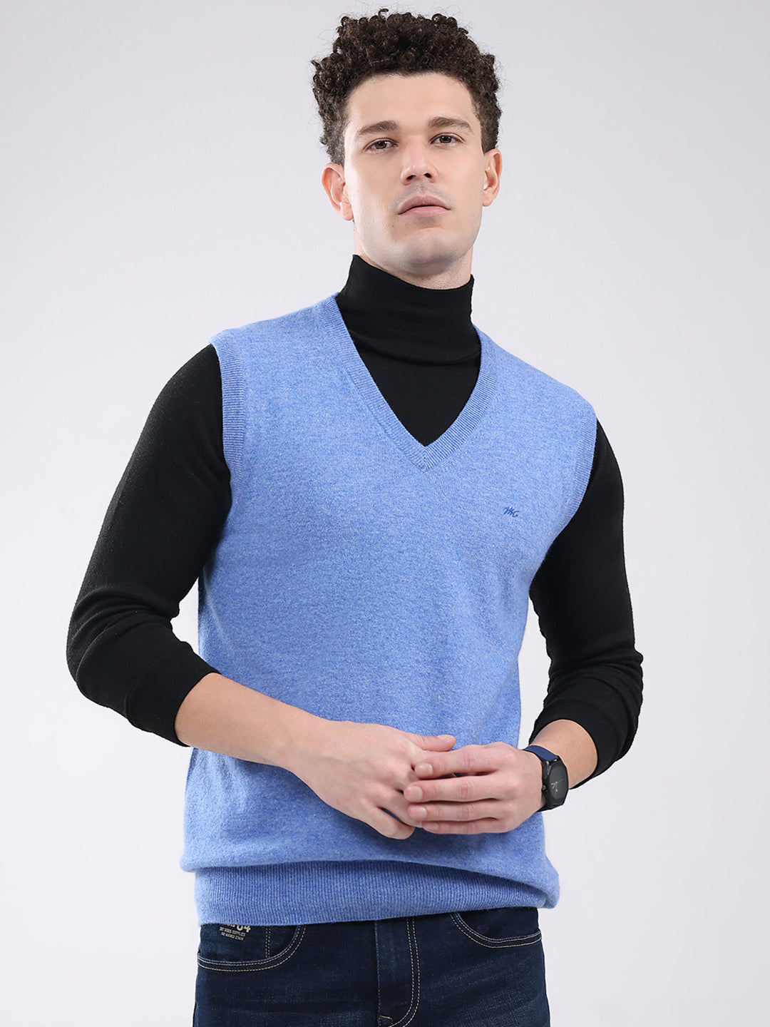 Men Blue Solid V Neck Sleeveless Sweater