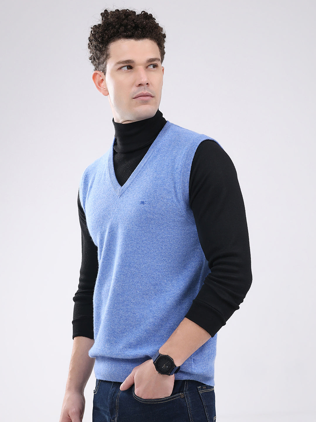 Men Blue Solid V Neck Sleeveless Sweater