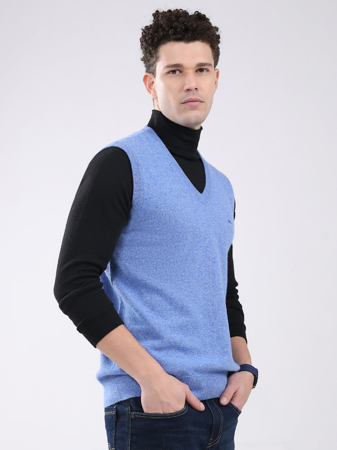 Men Blue Solid V Neck Sleeveless Sweater