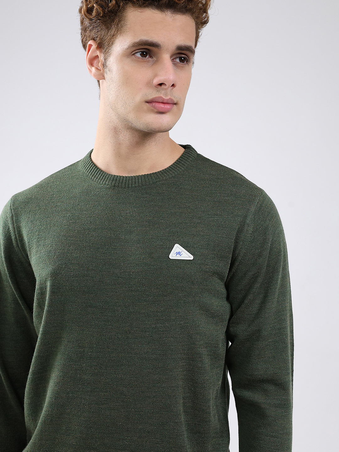Men Green Solid Round Neck Full Sleeve Pullover