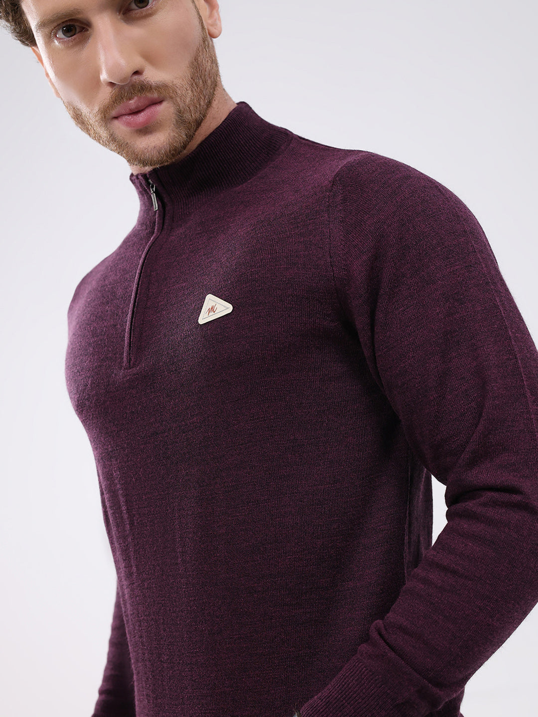 Men Purple Solid Mock Neck Full Sleeve Pullover